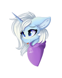 Size: 1024x1280 | Tagged: safe, alternate version, artist:lunar froxy, oc, oc only, oc:eula phi, species:pony, species:unicorn, bust, cheek fluff, clothing, ear fluff, female, hoodie, portrait, simple background, smiling, solo, tongue out, transparent background
