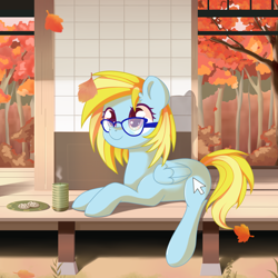 Size: 2100x2100 | Tagged: safe, artist:wavecipher, oc, oc only, oc:cloud cuddler, species:pegasus, species:pony, autumn, bench, candle, cookie, cutie mark, female, food, glasses, leaves, mouse cursor, solo, tree, ych result