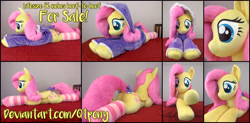 Size: 6235x3060 | Tagged: safe, artist:qtpony, character:fluttershy, species:pony, absurd resolution, bow, clothing, cute, hoodie, irl, life size, photo, plushie, prone, shyabetes, socks, solo, striped socks, tail bow