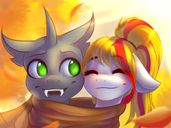 Size: 1600x1200 | Tagged: safe, artist:falafeljake, oc, species:changeling, species:pony, autumn, bust, changeling oc, clothing, cute, eyes closed, fanfic art, fangs, scarf, shared clothing, shared scarf, smiling, ych result