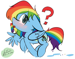 Size: 882x694 | Tagged: safe, artist:lofis, character:rainbow dash, oc, oc:mint chocolate, species:pegasus, species:pony, blushing, cute, cutie mark, disguise, dripping, feather fingers, female, food, licking, mare, paint, popsicle, question mark, solo, tongue out, wing hands, wing hold, wings