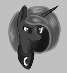 Size: 692x754 | Tagged: safe, artist:renarde-louve, character:princess luna, species:alicorn, species:pony, doodle, female, frown, mare, monochrome, solo