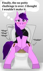 Size: 771x1280 | Tagged: safe, artist:lynnthenerdkitty, oc, oc:outil, species:earth pony, species:pony, blushing, but why, clothing, female, happy, implied pissing, implied pooping, onomatopoeia, relief, shirt, solo, sound effects, toilet