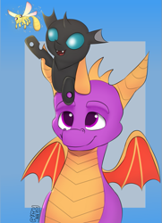 Size: 571x790 | Tagged: safe, artist:almond evergrow, species:changeling, species:dragon, baby changeling, collaboration, commission, sparx, sparx the dragonfly, spyro the dragon