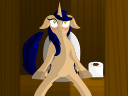 Size: 1280x962 | Tagged: safe, artist:lynnthenerdkitty, oc, oc:delta, species:pony, species:unicorn, blushing, but why, embarrassed, female, implied pissing, outhouse, solo, toilet, toilet paper