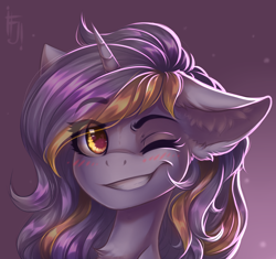 Size: 1200x1129 | Tagged: safe, artist:falafeljake, oc, oc only, species:pony, species:unicorn, blushing, eye clipping through hair, grin, one eye closed, smiling, solo, wink