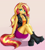 Size: 3276x3672 | Tagged: safe, artist:yutakira92, character:sunset shimmer, species:anthro, species:plantigrade anthro, species:unicorn, g4, boots, candy, clothing, colored pupils, cute, cutie mark accessory, ear fluff, eyebrows, female, food, gradient background, high res, jewelry, legs, looking at you, mare, necklace, panties, shimmerbetes, shoes, simple background, sitting, skirt, solo, underwear, upskirt