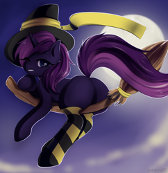 Size: 3300x3414 | Tagged: safe, artist:yutakira92, oc, oc only, species:pony, species:unicorn, broom, butt, clothing, featureless crotch, flying, flying broomstick, moon, night, plot, sky, socks, solo, stockings, striped socks, thigh highs, witch, ych result
