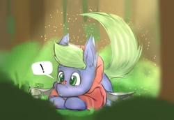 Size: 1145x790 | Tagged: safe, artist:almond evergrow, oc, oc:fruit cup, species:bat, species:bat pony, species:pony, bush, curious, exclamation point, forest, fruit bat, inquisitive, insect, ladybug, solo, sunlight, surprised