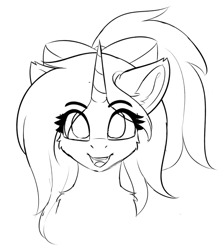Size: 809x923 | Tagged: safe, artist:lunar froxy, oc, oc only, oc:avici flower, species:pony, species:unicorn, bow, eye clipping through hair, sketch, smiling, solo