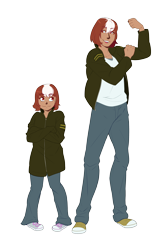Size: 2734x4191 | Tagged: safe, artist:mylittlesheepy, oc, oc only, oc:roulette, species:human, fallout equestria, age difference, child, clothing, female, flexing, grin, humanized, jacket, looking up, older, smiling, younger