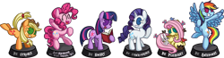 Size: 5752x1499 | Tagged: safe, artist:cazra, character:angel bunny, character:applejack, character:fluttershy, character:pinkie pie, character:rainbow dash, character:rarity, character:twilight sparkle, character:twilight sparkle (unicorn), species:bird, species:earth pony, species:pegasus, species:pony, species:rabbit, species:unicorn, fallout equestria, animal, book, bucking, butterfly, clothing, cowboy hat, eyes closed, fanfic, fanfic art, female, grin, hat, hooves, horn, mare, ministry mares, ministry mares statuette, open mouth, pacman eyes, prone, simple background, smiling, spread wings, squirrel, statuette, statuettes, transparent background, wings