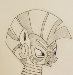 Size: 2234x2273 | Tagged: safe, artist:polar_storm, character:zecora, species:zebra, episode:the cutie re-mark, blue eyes, female, monochrome, neo noir, partial color, simple background, sketch, solo, traditional art, white background