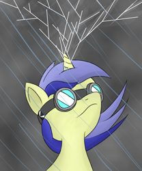 Size: 1000x1200 | Tagged: safe, artist:dinkyuniverse, character:electric sky, species:pony, species:unicorn, cloud, cloudy, female, goggles, lightning, mare, rain