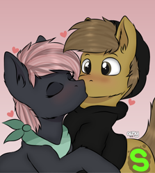 Size: 714x800 | Tagged: safe, artist:almond evergrow, oc, oc only, oc:almond evergrow, oc:siren shadowstone, species:earth pony, species:pony, blushing, heart, kissing, love, relationship, shipping, sirond, smooch, surprise kiss