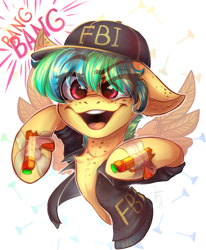 Size: 1144x1391 | Tagged: safe, artist:falafeljake, oc, oc only, oc:apogee, species:pegasus, species:pony, chest fluff, clothing, ear fluff, eye clipping through hair, fbi, fbi open up, female, filly, hat, smiling, solo, spread wings, tape, toy gun, wings