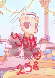 Size: 640x903 | Tagged: safe, artist:wavecipher, oc, species:alicorn, species:earth pony, species:pegasus, species:pony, species:unicorn, advertisement, cafè, clothing, commission, costume, cute, food, maid, pancakes, serving tray, solo, your character here