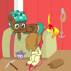 Size: 1280x1284 | Tagged: safe, artist:dinkyuniverse, character:bloofy, character:liberty belle, character:spur, species:earth pony, species:pegasus, species:phoenix, species:pony, backpack, barn, clothing, cowboy hat, female, filly, foal, grappling hook, hat, hay bale, pickaxe, relaxed, relaxing, resting, unshorn fetlocks, whirling mungtooth