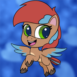 Size: 894x894 | Tagged: safe, artist:redquoz, oc, oc:allegra mazarine, species:bird, species:pegasus, species:pony, my little pony:pony life, bird pone, bird tail, chibi, female, flying, hooves, looking back, mare, smiling, solo, sparkly eyes, two toned wings, wings