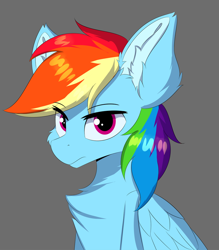 Size: 836x956 | Tagged: safe, artist:lunar froxy, character:rainbow dash, species:pegasus, species:pony, 30 minute art challenge, bust, chest fluff, ear fluff, eye clipping through hair, female, frown, portrait, simple background, solo