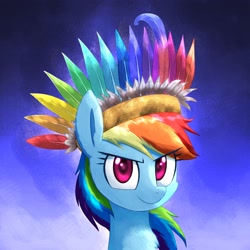 Size: 3000x3000 | Tagged: safe, artist:yinglongfujun, character:rainbow dash, species:pegasus, species:pony, fanfic:evenfall, bust, chest fluff, fanfic art, feather, female, headdress, portrait, solo, tribal