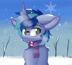Size: 1333x1200 | Tagged: safe, artist:lunar froxy, oc, oc only, oc:blue cola, species:pony, bust, candy, candy cane, clothing, food, glasses, male, portrait, scarf, snow, solo, stallion, winter