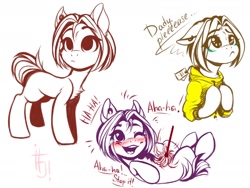 Size: 1280x960 | Tagged: safe, artist:falafeljake, oc, oc only, oc:lazzy butt, species:earth pony, species:pony, blushing, chest fluff, clothing, duster, floppy ears, hoodie, laughing, sketch, solo, tickling