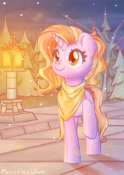 Size: 1280x1806 | Tagged: safe, artist:wavecipher, character:luster dawn, species:pony, species:unicorn, episode:the last problem, g4, my little pony: friendship is magic, bandana, clothing, cute, female, happy, light, lusterbetes, mare, night, park, ponytail, post light, scarf, smiling, snow, snowfall, solo, streetlight, tree, walking