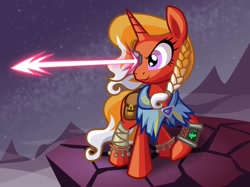 Size: 1034x773 | Tagged: safe, artist:cazra, species:pony, species:unicorn, fallout equestria, cyborg, eye beams, eye laser, firebrand, mountain, pipbuck, saddle bag, solo, stable-tec colors, stars, tails of equestria