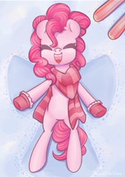 Size: 1024x1445 | Tagged: safe, artist:wavecipher, character:pinkie pie, species:earth pony, species:pony, clothing, cute, diapinkes, eyes closed, female, mare, mittens, on back, open mouth, scarf, snow, snow angel, solo, winter, winter outfit