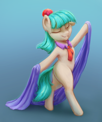 Size: 914x1096 | Tagged: safe, artist:stratodraw, character:coco pommel, species:earth pony, species:pony, bipedal, cocobetes, cute, eyes closed, female, gradient background, mare, missing cutie mark, solo