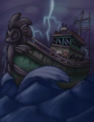 Size: 788x1014 | Tagged: safe, artist:cazra, species:sea pony, fallout equestria, fallout equestria: project horizons, boat, fanfic art, lightning, ocean, storm, the seahorse, wave