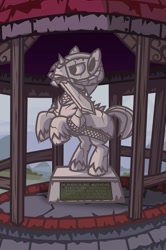 Size: 729x1097 | Tagged: safe, artist:cazra, character:big mcintosh, species:earth pony, species:pony, fallout equestria, armor, gazebo, hooves, male, memorial, solo, stallion, statue, sword, weapon