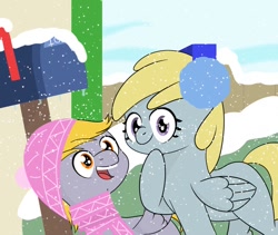 Size: 972x822 | Tagged: safe, artist:dinkyuniverse, character:chirpy hooves, character:crackle pop, species:pegasus, species:pony, chirpy hooves, clothing, colt, earmuffs, excited, female, filly, foal, happy, hat, mailbox, male, scarf, siblings, snow, snowfall, strolling, winter, winter clothes