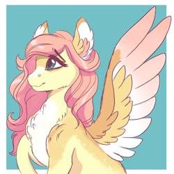 Size: 1200x1200 | Tagged: safe, artist:scarletskitty12, character:fluttershy, species:pegasus, species:pony, bust, chest fluff, cute, digital art, ear fluff, female, looking away, mare, markings, pale belly, portrait, raised hoof, shoulder fluff, shyabetes, sitting, smiling, snip (coat marking), solo, spread wings, three quarter view, two toned wings, wings