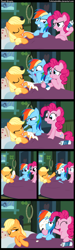 Size: 1200x4000 | Tagged: useless source url, safe, artist:coltsteelstallion, character:applejack, character:pinkie pie, character:rainbow dash, backfire, bed, comic, feather, food, laughing, needs more jpeg, prank, sleeping, tickling, tower of pimps, whipped cream
