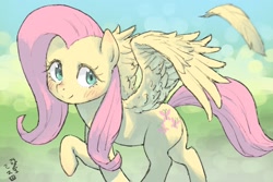 Size: 1800x1200 | Tagged: safe, artist:yanamosuda, character:fluttershy, species:pegasus, species:pony, blushing, cute, feather, female, head turn, looking at you, mare, raised hoof, shyabetes, smiling, solo, spread wings, wings