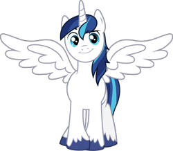 Size: 2578x2251 | Tagged: safe, artist:chainchomp2 edit, edit, character:shining armor, species:alicorn, species:pony, alicornified, cocked eyebrow, cute, edited edit, looking at you, male, outstretched wings, prince shining armor, race swap, shining adorable, shiningcorn, simple background, smiling, solo, stallion, transparent background, unshorn fetlocks, vector, vector edit, wings
