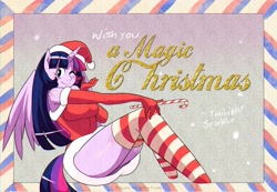 Size: 3109x2147 | Tagged: safe, artist:traupa, character:twilight sparkle, species:anthro, big breasts, breasts, busty twilight sparkle, christmas, clothing, costume, evening gloves, food, gloves, hat, holiday, long gloves, one eye closed, postcard, santa costume, santa hat, stockings, sugar cane, thigh highs, wink