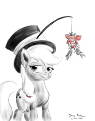 Size: 1100x1400 | Tagged: safe, artist:rockhoppr3, character:applejack, species:pony, clothing, female, hat, holly, holly mistaken for mistletoe, monochrome, neo noir, partial color, solo, top hat
