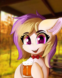 Size: 1200x1500 | Tagged: safe, artist:lunar froxy, oc, oc only, oc:pings, species:earth pony, species:pony, alcohol, australia, beer, bow tie, bust, cheek fluff, chest fluff, christmas, ear fluff, eye clipping through hair, female, holiday, looking at you, mare, outback, portrait, smiling, solo