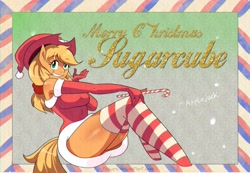 Size: 3109x2153 | Tagged: safe, artist:traupa, character:applejack, species:anthro, adorasexy, big breasts, blushing, breasts, busty applejack, candy, candy cane, christmas, chromatic aberration, clothing, costume, cute, evening gloves, female, food, gloves, hat, holiday, jackabetes, long gloves, postcard, santa costume, santa hat, schrödinger's pantsu, sexy, socks, solo, stockings, striped socks, sugar cane, thigh highs, thighs