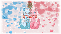Size: 1280x720 | Tagged: safe, artist:mythos art, oc, oc only, advertisement, chibi, clothing, commission, duo, love, mistleholly, scarf, shared clothing, shared scarf, sitting, wip, your character here
