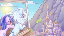 Size: 1920x1080 | Tagged: safe, artist:wavecipher, character:sea swirl, oc, oc:eula phi, species:pony, species:unicorn, architecture, background pony, canterlot, canterlot castle, city, cloud, commission, cute, female, flying, hot air balloon, mare, mountain, sky, sun