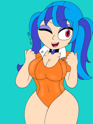 Size: 768x1024 | Tagged: safe, artist:c_w, edit, editor:undeadponysoldier, character:sonata dusk, species:human, my little pony:equestria girls, alternate hairstyle, breasts, cleavage, clothing, cosplay, costume, cute, female, human coloration, jewelry, one eye closed, open mouth, pigtails, recolor, solo, sonatabetes, thighs, wink