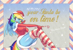 Size: 3103x2146 | Tagged: safe, artist:traupa, character:rainbow dash, species:anthro, adorasexy, big breasts, blushing, breasts, busty rainbow dash, candy, candy cane, christmas, chromatic aberration, clothing, costume, cute, dashabetes, engrish, evening gloves, female, food, gloves, hat, holiday, long gloves, one eye closed, postcard, santa costume, santa hat, schrödinger's pantsu, sexy, socks, solo, stockings, striped socks, stupid sexy rainbow dash, sugar cane, thigh highs, thighs, wink