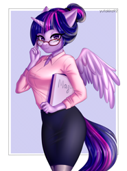 Size: 2952x4000 | Tagged: safe, artist:yutakira92, character:twilight sparkle, character:twilight sparkle (alicorn), species:alicorn, species:anthro, g4, abstract background, adorasexy, adorkable, alternate hairstyle, big breasts, book, breasts, clothing, colored pupils, cute, dork, female, glasses, hair bun, heart eyes, looking at you, mare, pantyhose, pencil skirt, sexy, shirt, skirt, solo, spread wings, teacher, three quarter view, twiabetes, wingding eyes, wings