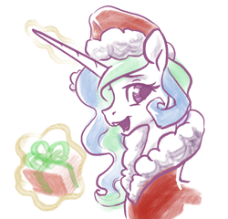 Size: 1538x1475 | Tagged: safe, artist:nadnerbd, character:princess celestia, species:alicorn, species:pony, christmas, clothing, costume, female, hat, holiday, levitation, looking at you, magic, mare, santa costume, santa hat, simple background, smiling, solo, telekinesis, white background