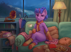 Size: 5149x3802 | Tagged: safe, artist:stratodraw, character:twilight sparkle, blanket, book, bookshelf, clothing, couch, female, gramophone, pillow, saddle bag, scarf, semi-anthro, socks, solo, window