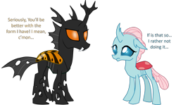 Size: 2105x1251 | Tagged: safe, artist:shadymeadow, character:ocellus, oc, oc:hoppert, species:changeling, species:reformed changeling, oc villain, orange changeling, simple background, transparent background